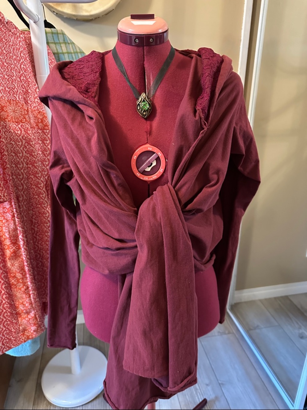 Deep Wine Hooded Wrap Top with Front Tie - Picture 2 of 8